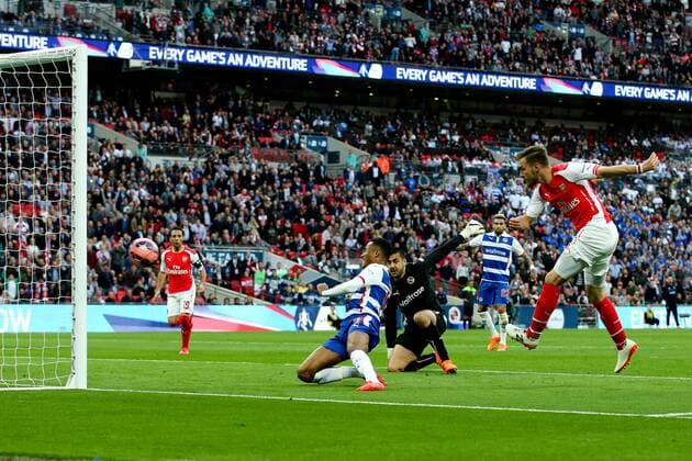 Aaron Ramsey of Arsenal hits the post after rounding Reading Keeper Adam Federici - FA Cup Semi Final - Reading v Arsenal - Wembley Stadium - London - 18 04 2015 - Pic Charlie Forgham-Bailey Sportimage EDITORIAL USE ONLY. No use with unauthorised audio, video, data, fixture lists, club league logos or live services. Online in-match use limited to 120 images, no video emulation. No use in betting, games or single club league player publications.