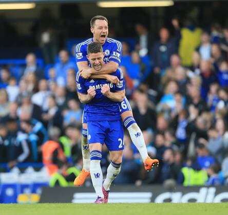 Chelsea s John Terry and Gary Cahill celebrate at the final whistle Barclays Premier League- Chelsea vs Manchester United ManU - Stamford Bridge - England - 18th April 2015 - Picture David Klein Sportimage EDITORIAL USE ONLY. No use with unauthorised audio, video, data, fixture lists, club league logos or live services. Online in-match use limited to 120 images, no video emulation. No use in betting, games or single club league player publications.