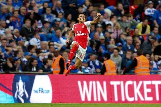 Alexis Sanchez of Arsenal celebrates scoring his second goal - FA Cup Semi Final - Reading v Arsenal - Wembley Stadium - London - 18 04 2015 - Pic Charlie Forgham-Bailey Sportimage EDITORIAL USE ONLY. No use with unauthorised audio, video, data, fixture lists, club league logos or live services. Online in-match use limited to 120 images, no video emulation. No use in betting, games or single club league player publications.