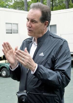 April 18, 2015 - Hilton Head Island, SC, USA - Jim Nantz is interviewed in the CBS broadcast compound during the third round of the RBC Heritage Presented by Boeing on Saturday, April 18, 2015, at Harbour Town Golf Links on Hilton Head Island, S.C. HeritaRBC Heritage Presented by Boeing, third round - ZUMAm67_