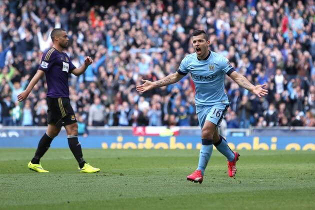 Sergio Aguero of Manchester City celebrates scoring his sides second goal - Manchester City vs. West Ham United - Barclay s Premier League - Etihad Stadium - Manchester - 19 04 2015 Pic Philip Oldham Sportimage EDITORIAL USE ONLY. No use with unauthorised audio, video, data, fixture lists, club league logos or live services. Online in-match use limited to 120 images, no video emulation. No use in betting, games or single club league player publications.