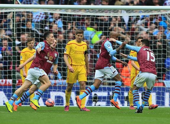 Aston Villa s Fabian Delph celebrates scoring his sides second goal The FA Cup - Semi Final- Aston Villa vs Liverpool - Wembley - England - 19th April 2015 - Picture David Klein Sportimage EDITORIAL USE ONLY. No use with unauthorised audio, video, data, fixture lists, club league logos or live services. Online in-match use limited to 120 images, no video emulation. No use in betting, games or single club league player publications.