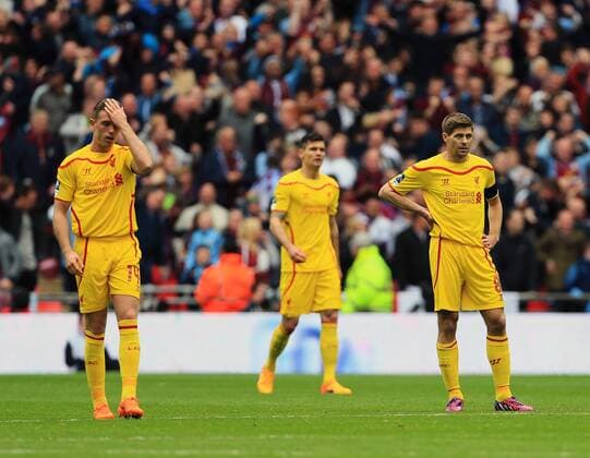 Liverpool s Steven Gerrard looks on dejected after Aston Villa s second goal The FA Cup - Semi Final- Aston Villa vs Liverpool - Wembley - England - 19th April 2015 - Picture David Klein Sportimage EDITORIAL USE ONLY. No use with unauthorised audio, video, data, fixture lists, club league logos or live services. Online in-match use limited to 120 images, no video emulation. No use in betting, games or single club league player publications.