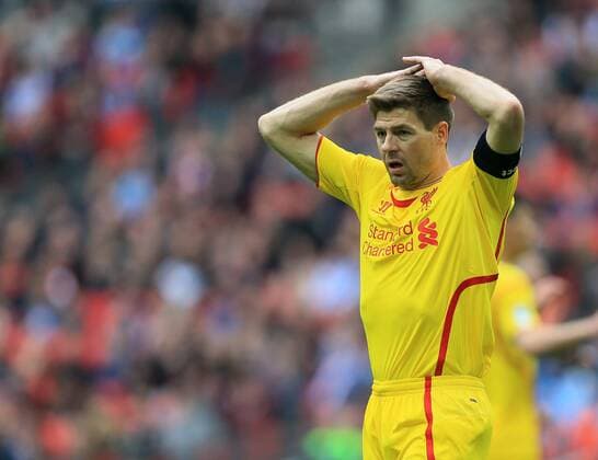 Liverpool s Steven Gerrard looks on dejected The FA Cup - Semi Final- Aston Villa vs Liverpool - Wembley - England - 19th April 2015 - Picture David Klein Sportimage EDITORIAL USE ONLY. No use with unauthorised audio, video, data, fixture lists, club league logos or live services. Online in-match use limited to 120 images, no video emulation. No use in betting, games or single club league player publications.