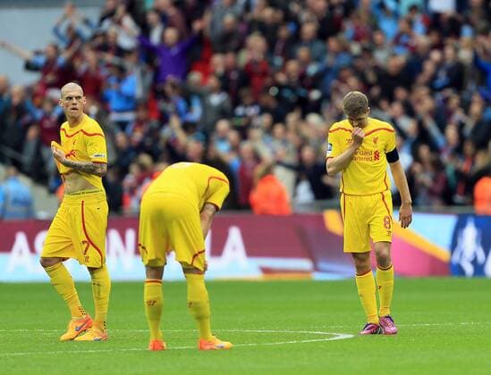 Liverpool s Steven Gerrard looks on dejected at the final whistle The FA Cup - Semi Final- Aston Villa vs Liverpool - Wembley - England - 19th April 2015 - Picture David Klein Sportimage EDITORIAL USE ONLY. No use with unauthorised audio, video, data, fixture lists, club league logos or live services. Online in-match use limited to 120 images, no video emulation. No use in betting, games or single club league player publications.