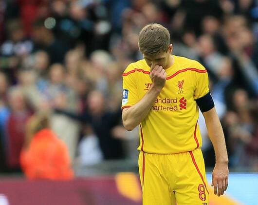 Liverpool s Steven Gerrard looks on dejected at the final whistle The FA Cup - Semi Final- Aston Villa vs Liverpool - Wembley - England - 19th April 2015 - Picture David Klein Sportimage EDITORIAL USE ONLY. No use with unauthorised audio, video, data, fixture lists, club league logos or live services. Online in-match use limited to 120 images, no video emulation. No use in betting, games or single club league player publications.