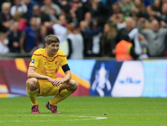 Liverpool s Steven Gerrard looks on dejected at the final whistle The FA Cup - Semi Final- Aston Villa vs Liverpool - Wembley - England - 19th April 2015 - Picture David Klein Sportimage EDITORIAL USE ONLY. No use with unauthorised audio, video, data, fixture lists, club league logos or live services. Online in-match use limited to 120 images, no video emulation. No use in betting, games or single club league player publications.