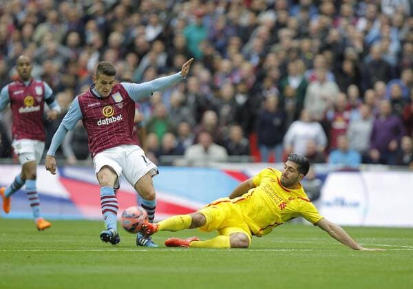 Emre Can of Liverpool tackles Ashley Westwood of Aston Villa - Football - FA Cup semi-final - Aston Villa vs Liverpool - Wembley Stadium London - Season 2014 15 - 19th April 2015 - Photo Malcolm Couzens Sportimage EDITORIAL USE ONLY. No use with unauthorised audio, video, data, fixture lists, club league logos or live services. Online in-match use limited to 120 images, no video emulation. No use in betting, games or single club league player publications.