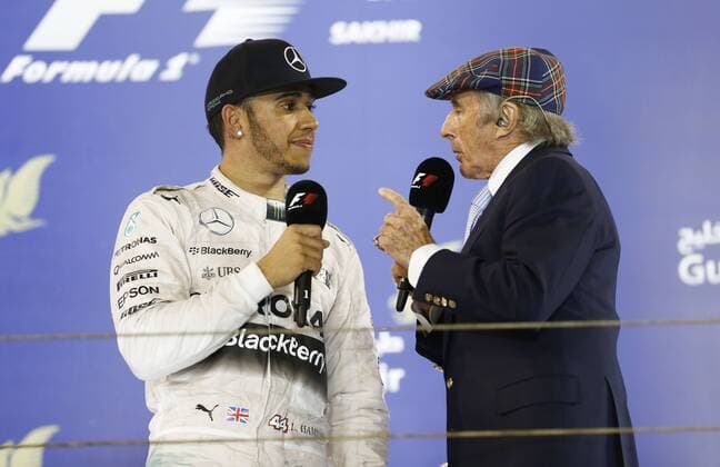 Motorsports: FIA Formula One World Championship WM Weltmeisterschaft 2015, Grand Prix of Bahrain, 44 Lewis Hamilton (GBR, Mercedes AMG Petronas Formula One Team), Sir Jackie Stewart (GBR) xHOCHxZWEIx