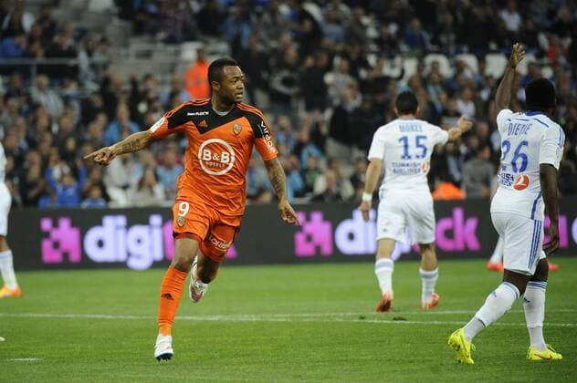 Joie but J Ayew (Lorient) FOOTBALL : Marseille vs Lorient - Ligue 1 - 24 04 2015 FranckPennant Panoramic 