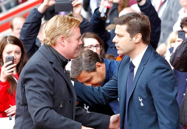 Football - 2014 2015 Premier League - Southampton vs. Tottenham Hotspur Southampton Manager Ronald Koeman welcomes Tottenham Hotspur Manager Mauricio Pochettino on his first return to St Mary s Stadium Southampton Colorsport Shaun Boggust 