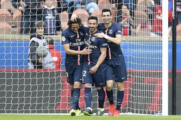 Ezequiel Lavezzi (PSG) Javier Pastore (PSG) Edinson Cavani (PSG) FOOTBALL : Paris Saint Germain PSG - OSC Lille LOSC - - Ligue 1 - 25 04 2015 JBAutissier Panoramic 