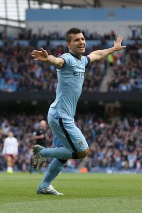 Sergio Aguero of Manchester City celebrates his opening goal - Manchester City vs. Aston Villa - Barclay s Premier League - Etihad Stadium - Manchester - 25 04 2015 Pic Philip Oldham Sportimage EDITORIAL USE ONLY. No use with unauthorised audio, video, data, fixture lists, club league logos or live services. Online in-match use limited to 120 images, no video emulation. No use in betting, games or single club league player publications.