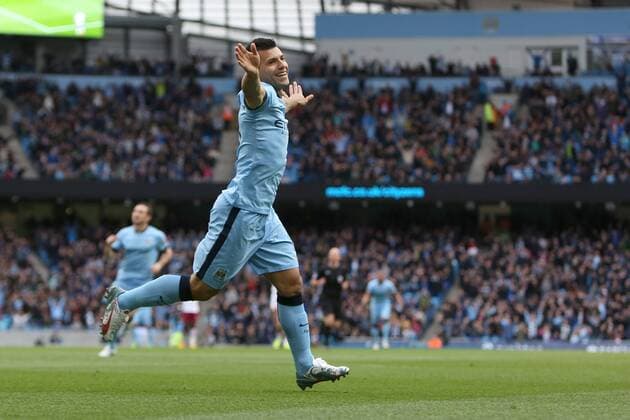Sergio Aguero of Manchester City celebrates his opening goal - Manchester City vs. Aston Villa - Barclay s Premier League - Etihad Stadium - Manchester - 25 04 2015 Pic Philip Oldham Sportimage EDITORIAL USE ONLY. No use with unauthorised audio, video, data, fixture lists, club league logos or live services. Online in-match use limited to 120 images, no video emulation. No use in betting, games or single club league player publications.