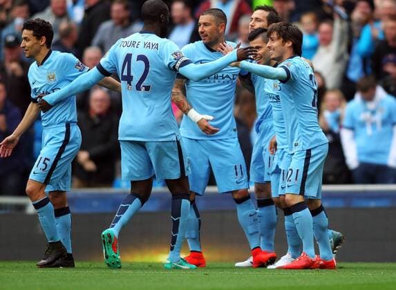 25.04.2015. Manchester, England. Barclays Premier League. Manchester City versus Aston Villa. Sergio Ag& xfc;ero of Manchester City celebrates his first goal, a tap-in after Guzman in Villa goal miskicked a clearance xPaulxKeevilx  ActionPlus11615621