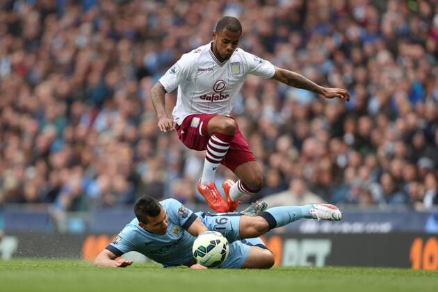 Leandro Bacuna of Aston Villa takes advantage of a slip by Sergio Aguero of Manchester City - Manchester City vs. Aston Villa - Barclay s Premier League - Etihad Stadium - Manchester - 25 04 2015 Pic Philip Oldham Sportimage EDITORIAL USE ONLY. No use with unauthorised audio, video, data, fixture lists, club league logos or live services. Online in-match use limited to 120 images, no video emulation. No use in betting, games or single club league player publications.