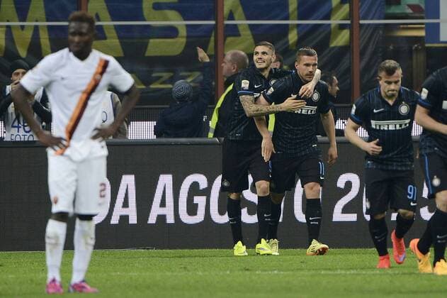 Mauro Icardi, Lukas Podolski Inter - Mailand, 25-04-2015 Stadio Giuseppe Meazza - Football Calcio Serie A Inter Mailand vs AS Rom giuseppexceleste