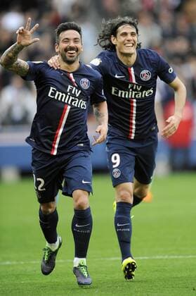 EZEQUIEL LAVEZZI (psg) - EDINSON CAVANI (psg) - JOIE FOOTBALL : Paris St Germain (PSG) vs Lille OSC - Ligue 1 - 25 04 2015 FEP 