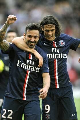 EZEQUIEL LAVEZZI (psg) - EDINSON CAVANI (psg) - JOIE FOOTBALL : Paris St Germain (PSG) vs Lille OSC - Ligue 1 - 25 04 2015 FEP 