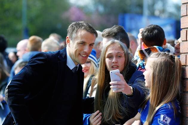26.04.2015. Liverpool, England. Barclays Premier League. Everton versus Manchester United ManU Phil Neville poses for photos and gives autographs on arrival at the stadium xPaulxKeevilx  ActionPlus11615850