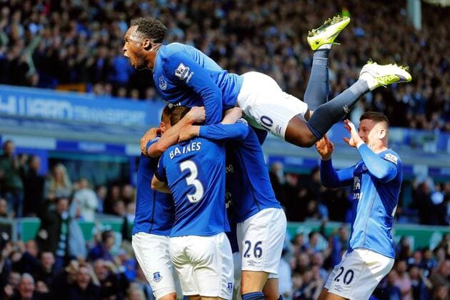 26.04.2015. Liverpool, England. Barclays Premier League. Everton versus Manchester United ManU John Stones of Everton celebrates scoring his teams second goal as Romelu Lukaku of Everton jumps on his team mates xPaulxKeevilx  ActionPlus11615900