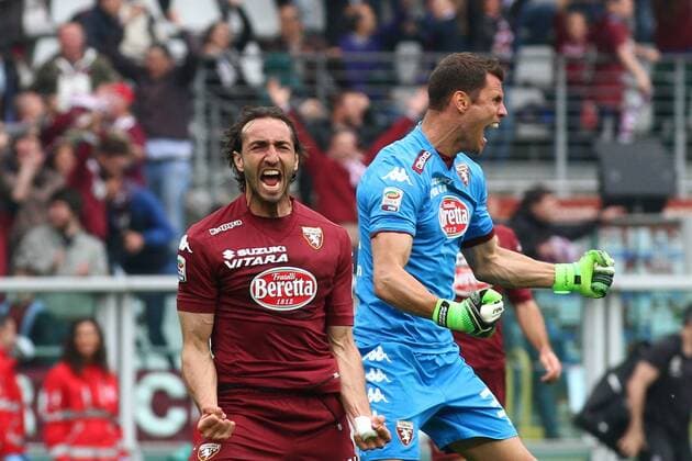 Aktuell Fußball, Italien, Serie A, FC Turin - Juventus Turin April 26, 2015 - Turin, Italy - Torino defender Emiliano Moretti (24) celebrates after the Serie A football match n.32 TORINO - JUVENTUS on 26 04 15 at the Stadio Olimpico in Turin, Italy. Copyright 2015 Matteo Bottanelli serie A: Torino - Juventus  - ZUMAn230