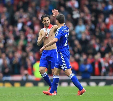 Chelsea s Cesc Fabregas celebrates at the final whistle Barclays Premier League - Arsenal vs Chelsea - Emirates Stadium - England - 26th April 2015 - Picture David Klein Sportimage EDITORIAL USE ONLY. No use with unauthorised audio, video, data, fixture lists, club league logos or live services. Online in-match use limited to 120 images, no video emulation. No use in betting, games or single club league player publications.