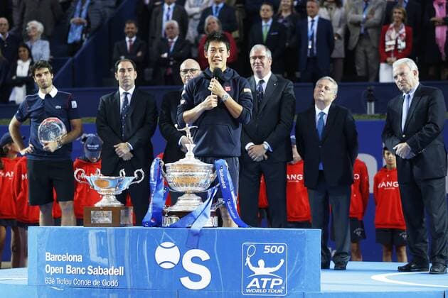 Kei Nishikori (JPN), APRIL 26, 2015 - Tennis : Kei Nishikori of Japan to speech after winning singls finals match against Pablo Andujar of Spain on the Barcelona Open Banc Sabadell tennis tournament at the Real Club de Tenis de Barcelona in Barcelona, Spain, April 26, 2015. Noxthirdxpartyxsales  (heha018529)