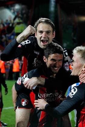 Football - 2014 2015 Sky Bet Championship - AFC Bournemouth Bournemouth s Brett Pitman celebrates with Andrew Surman as Bournemouth secure promotion at The Goldsands Stadium 