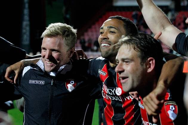 Football - 2014 2015 Sky Bet Championship - AFC Bournemouth Bournemouth s Manager Eddie Howe celebrates with Callum Wilson and Brett Pitman at The Goldsands Stadium 