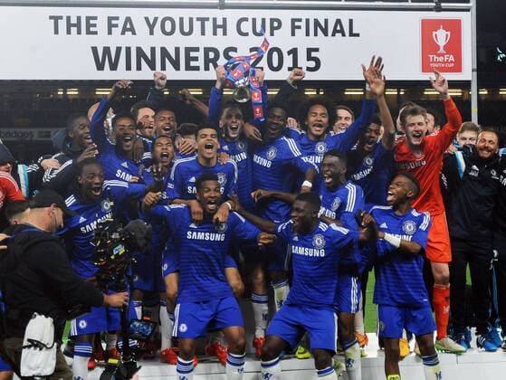 Football - 2014 2015 FA Youth Cup Final 2nd leg - Chelsea FC London Chelsea team celebrate with the trophy at Stamford Bridge. 