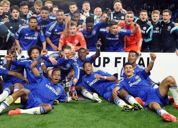 Football - 2014 2015 FA Youth Cup Final 2nd leg - Chelsea FC London Chelsea team celebrate with the trophy at Stamford Bridge. 