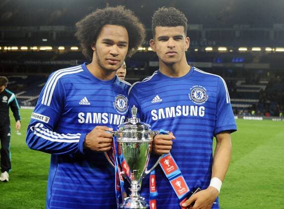Football - 2014 2015 FA Youth Cup Final 2nd leg - Chelsea FC London Dominic Solanke and Isaiah Brown of Chelsea with the trophy at Stamford Bridge. 