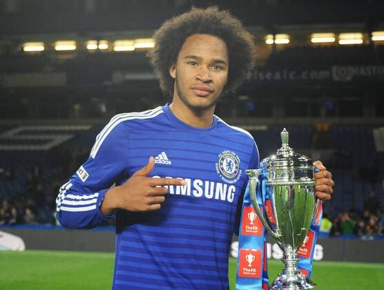 Football - 2014 2015 FA Youth Cup Final 2nd leg - Chelsea FC London Isaiah Brown of Chelsea with the trophy at Stamford Bridge. 