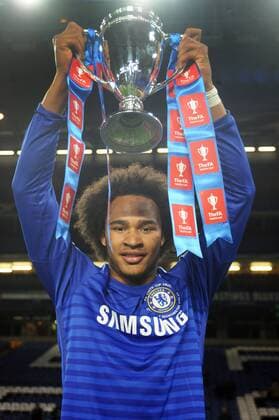 Football - 2014 2015 FA Youth Cup Final 2nd leg - Chelsea FC London Isaiah Brown of Chelsea with the trophy at Stamford Bridge. 