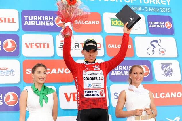 Juan Pablo VALENCIA ( COL Team Colombia ) uebernimmt nach der dritten Etappe das rote Trikot der Bergwertung - Siegerehrung - Zeremonie - Ceremony - Jubel - Freude - Emotionen - Querformat - quer - horizontal - Event Veranstaltung: Tour of Turkey 2015 - Stage 3 3.Etappe: Kemer nach Elmali Seki 165.0 km - Location Ort: Elmali Seki - Turkey - Tuerkei - Asia - Asien - Date Datum: 28.04.2015