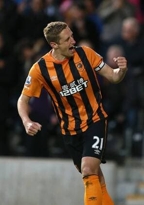 Michael Dawson of Hull City celebrates scoring the first goal - Barclays Premier League - Hull City vs Liverpool - KC Stadium - Hull - England - 28th April 2015 - Picture Simon Bellis Sportimage EDITORIAL USE ONLY. No use with unauthorised audio, video, data, fixture lists, club league logos or live services. Online in-match use limited to 120 images, no video emulation. No use in betting, games or single club league player publications.