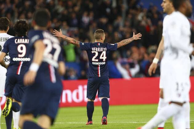 joie Marco Verratti (PSG) FOOTBALL : Paris Saint Germain vs Metz - Ligue 1 - 28 04 2015 GwendolineLeGoff Panoramic 