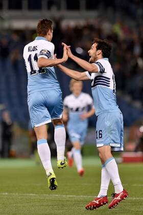 29.04.2015. Rome, Italy. Serie A Football. Lazio versus Parma. Miroslav Klose celebrates with Marco Parolo after he scored the goal for 2-0 for Lazio xGiuseppexMaffiax  ActionPlus11616569