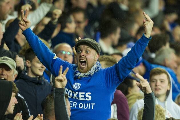 29.04.2015. Leicester, England. Barclays Premier League. Leicester City versus Chelsea. A Leicester City fan celebrates their opening goal. (1-0) xGrahamxWilsonx  ActionPlus11616591