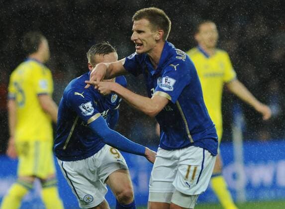 Football - 2014 2015 Premier League - Leicester City vs. Chelsea Marc Albrighton of Leicester City celebrates scoring his first half goal at the King Power Stadium. COLORSPORT ANDREW COWIE 