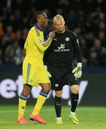 Leicester s Kasper Schmeichel shares a joke with Chelsea s Didier Drogba Barclays Premier League - Leicester City vs Chelsea - King Power Stadium - England - 26th April 2015 - Picture David Klein Sportimage EDITORIAL USE ONLY. No use with unauthorised audio, video, data, fixture lists, club league logos or live services. Online in-match use limited to 120 images, no video emulation. No use in betting, games or single club league player publications.
