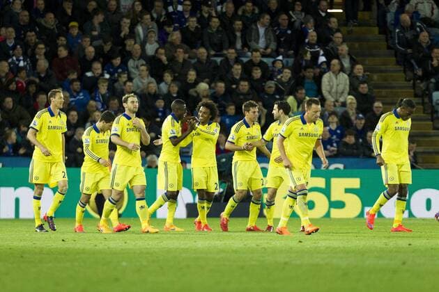 29.04.2015. Leicester, England. Barclays Premier League. Leicester City vs Chelsea. Chelsea players celebrate after their third goal (1-3). xGrahamxWilsonx  ActionPlus11616673