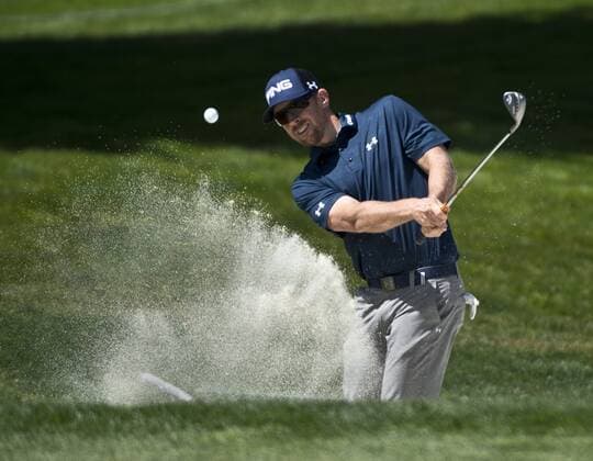 Hunter Mahan hits out of the sand on the first hole of the World Golf Championship Cadillac Match Play at Harding Park in San Francisco on April 29, 2015.  SXP2015042910 TERRYxSCHMITT