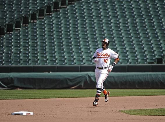 April 29, 2015 - Baltimore, MD, USA - Baltimore Orioles Adam Jones runs to second base on a double during the eighth inning on Wednesday, April 29, 2015, at Camden Yards in Baltimore. The game was closed to the public due to unrest in the city this week. MLB Baseball Herren USA 2015 - Baltimore Orioles Play In Empty Camden Yards - ZUMAm67_