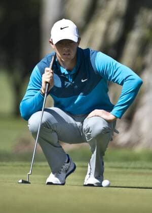 Number one seed Rory Mcllroy lines up a putt on the sixth hole of the World Golf Championship Cadillac Match Play at Harding Park in San Francisco on April 29, 2015.  SXP2015042925 TERRYxSCHMITT