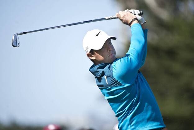 Number one seed Rory Mcllroy tees off on the ninth hole of the World Golf Championship Cadillac Match Play at Harding Park in San Francisco on April 29, 2015.  SXP2015042927 TERRYxSCHMITT