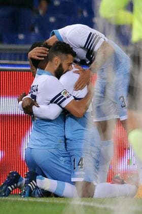 Esultanza dopo il gol di Balde Diao Keita Lazio, con Antonio Candreva. Goal celebration. Roma 29-04-2015 Stadio Olimpico. Football Calcio 2014 2015 Serie A. Lazio - Parma. Foto Antonietta Baldassarre Insidefoto AntoniettaxBaldassarre