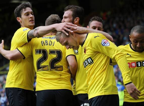 Watford s Matej Vydra celebrates scoring his sides opening goal Sky Bet Championship - Watford vs Sheffield Wednesday - Vicarage Road - England - 2nd May 2015 - Picture David Klein Sportimage EDITORIAL USE ONLY. No use with unauthorised audio, video, data, fixture lists, club league logos or live services. Online in-match use limited to 120 images, no video emulation. No use in betting, games or single club league player publications.