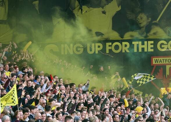 Football - 2014 2015 Championship - Watford vs. Sheffield Wednesday, Watford fans celebrate promotion to the premier league at Vicarage Road COLORSPORT DANIEL BEARHAM  WAT_SHE